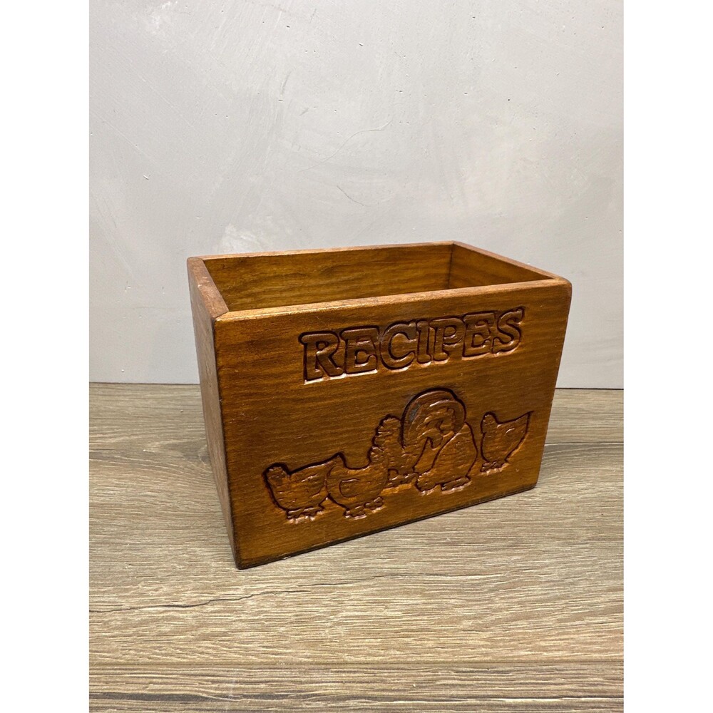 Vintage Cottage Carved Wood Open Top Recipe Box with Chickens 6x3.75x4
